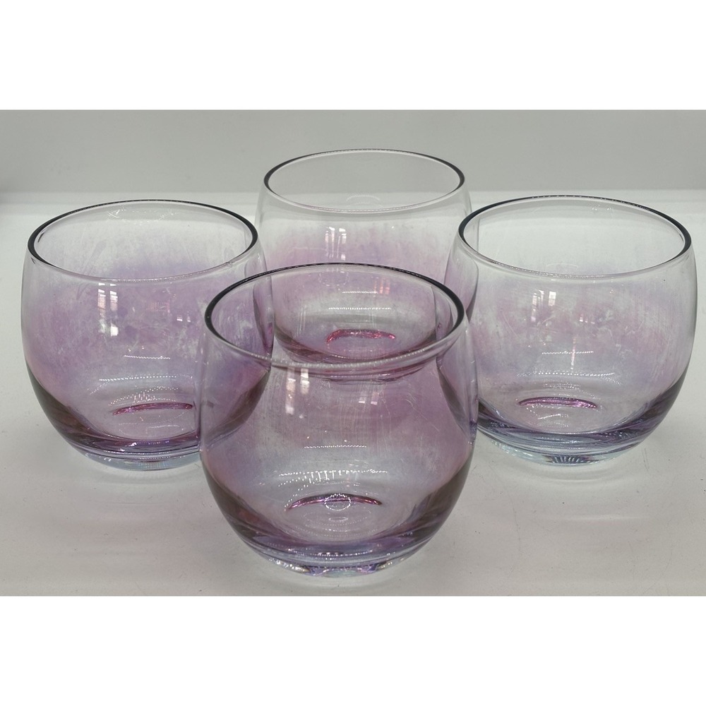 4 Vintage Purple Pink Iridescent Roly Poly Glasses Tumblers MCM Barware